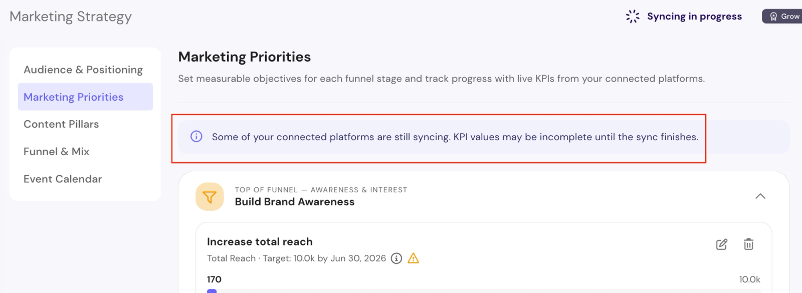 Marketing Priorities — objective creation