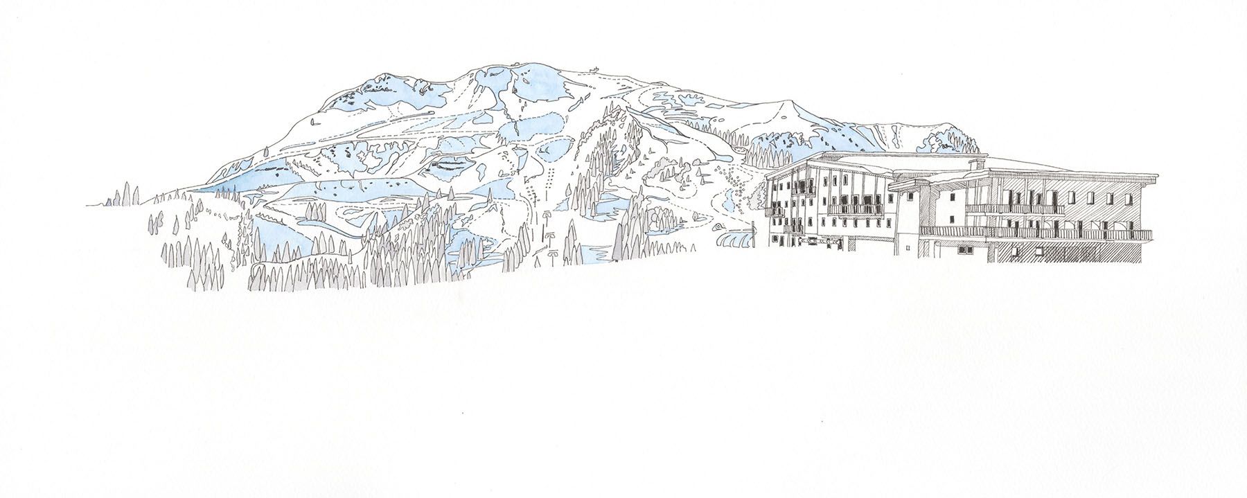 line drawing of ski slopes and trees in the snow with a building to the right.