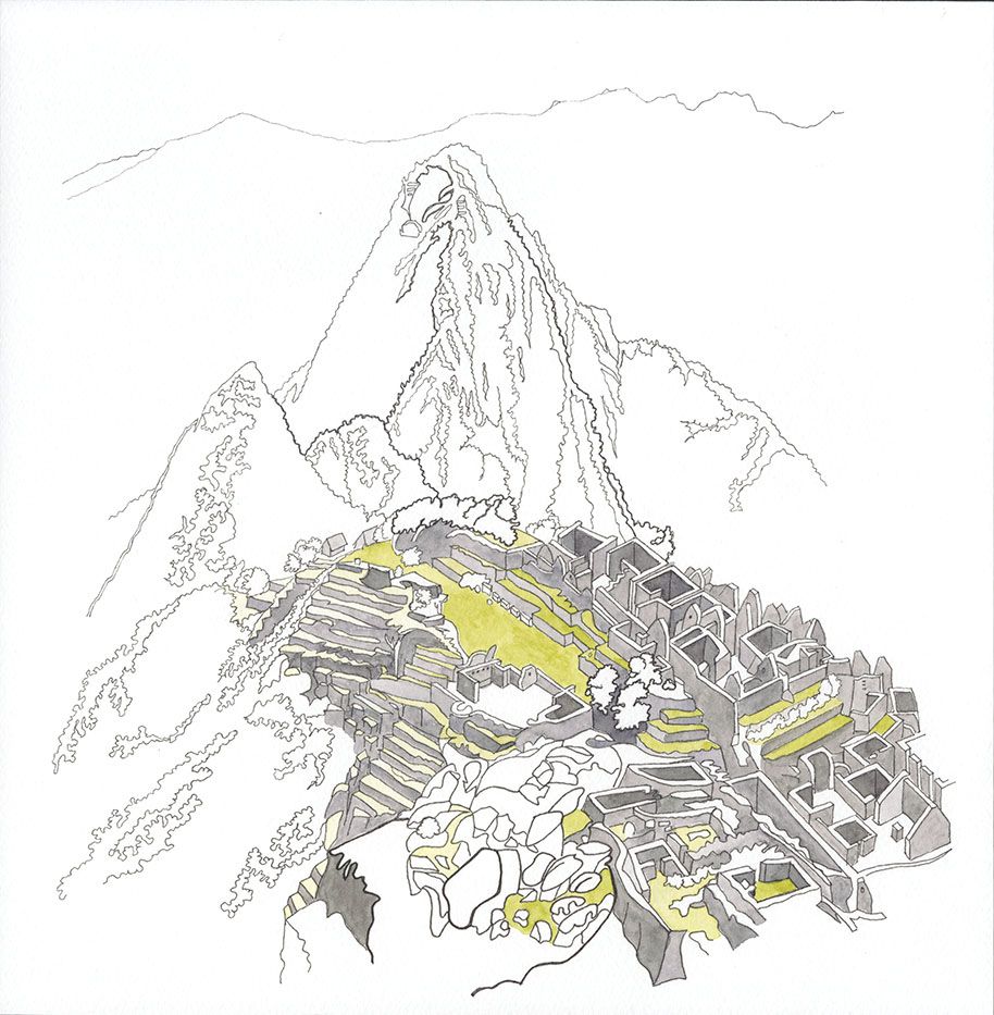 a  line drawing of Machu Picchu, Peru with mountains in the background