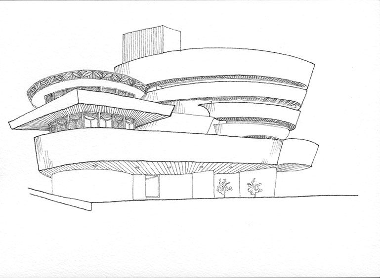 a line drawing of the Guggenheim Museum in New York