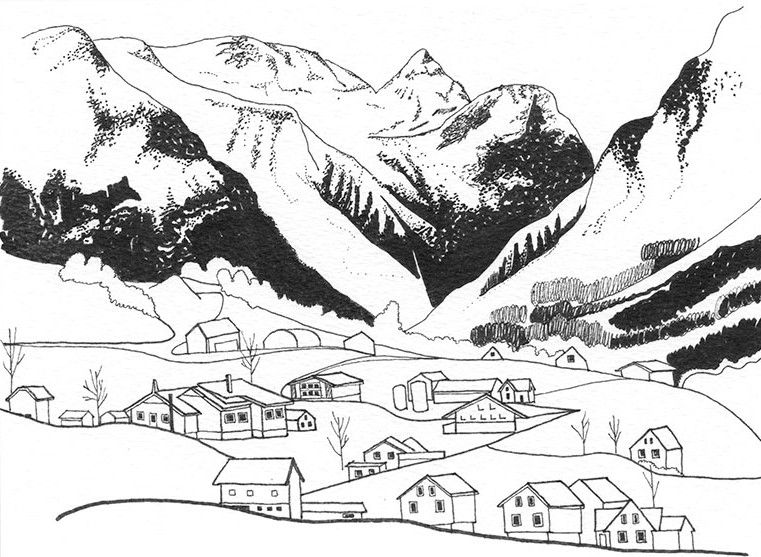 simplified line drawing of Norwegian village of Olden with snow capped mountains in background