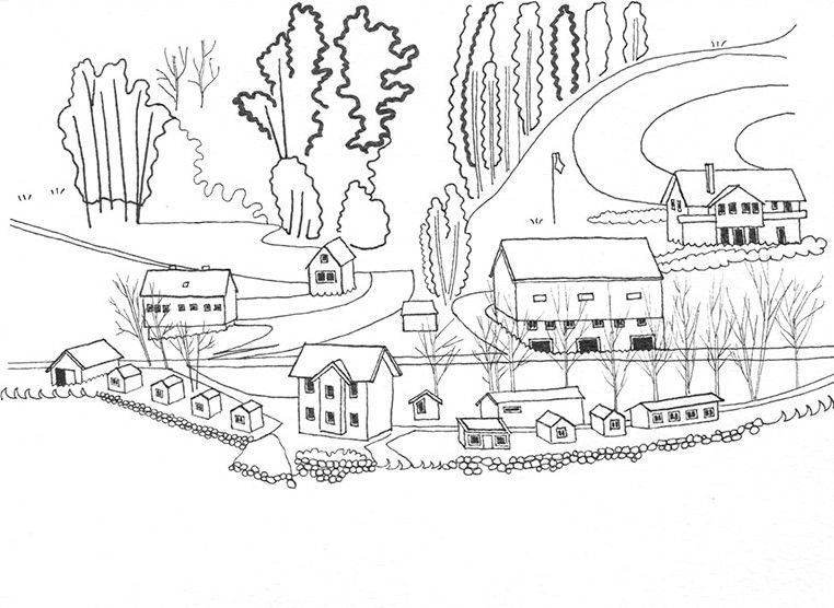 a line drawing of simplified coastal dwellings and farm land including trees