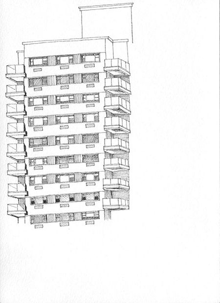 Partial line drawing of a modernist residential high rise building in New York