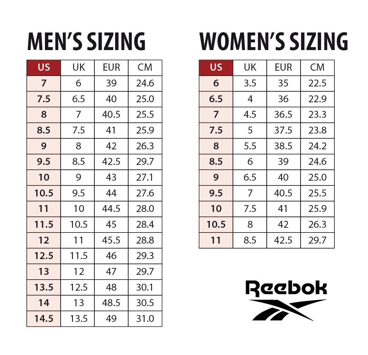 Reebok størrelsesguide