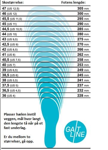 Gaitline størrelsestabell