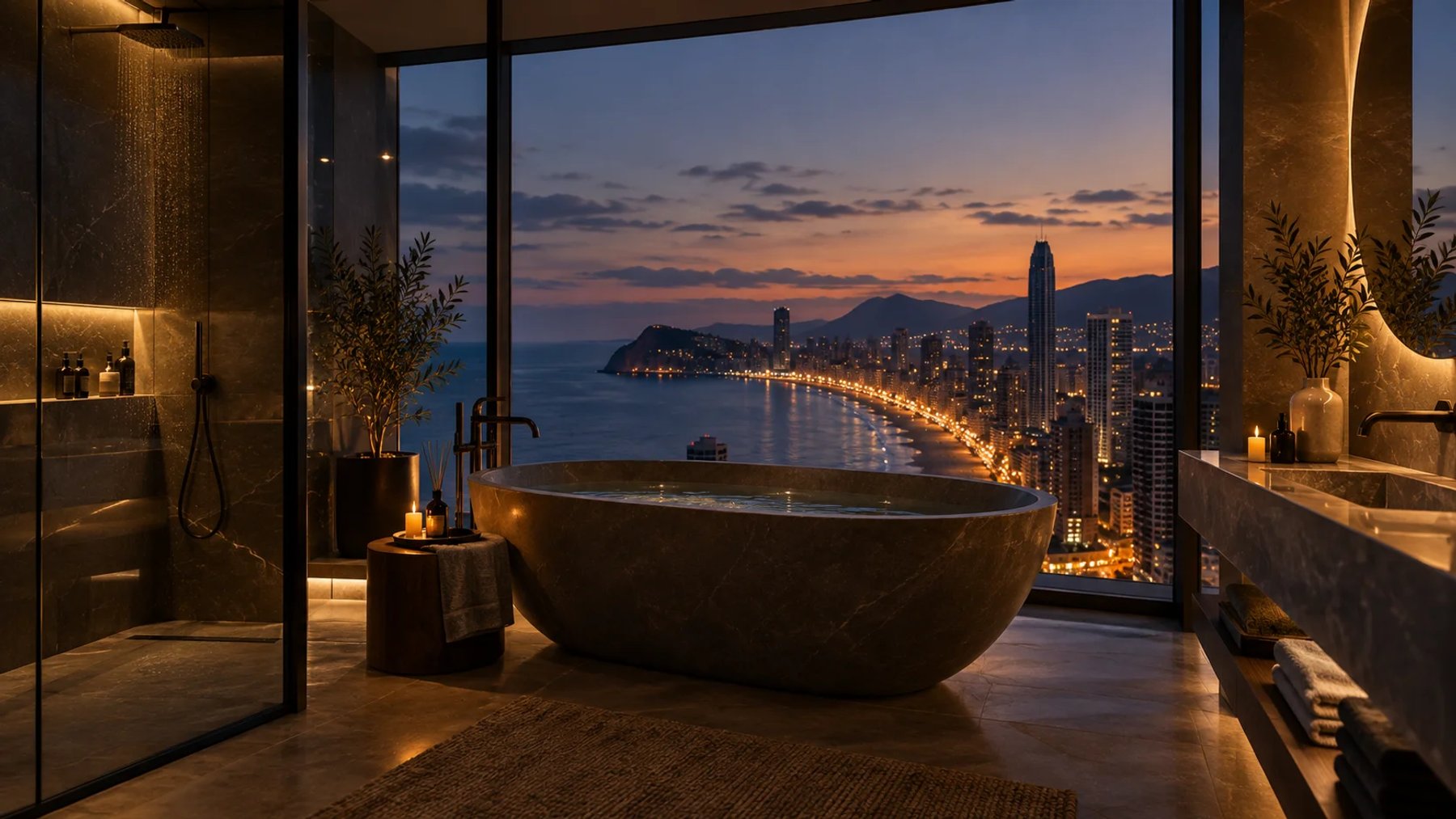 Spa-style bathroom with Benidorm night view