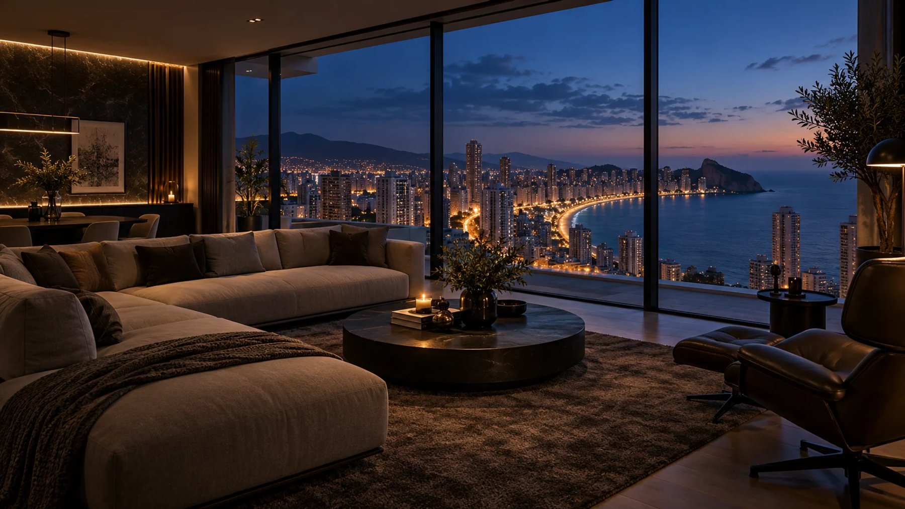 ARK Benidorm living room with evening views over the city and bay