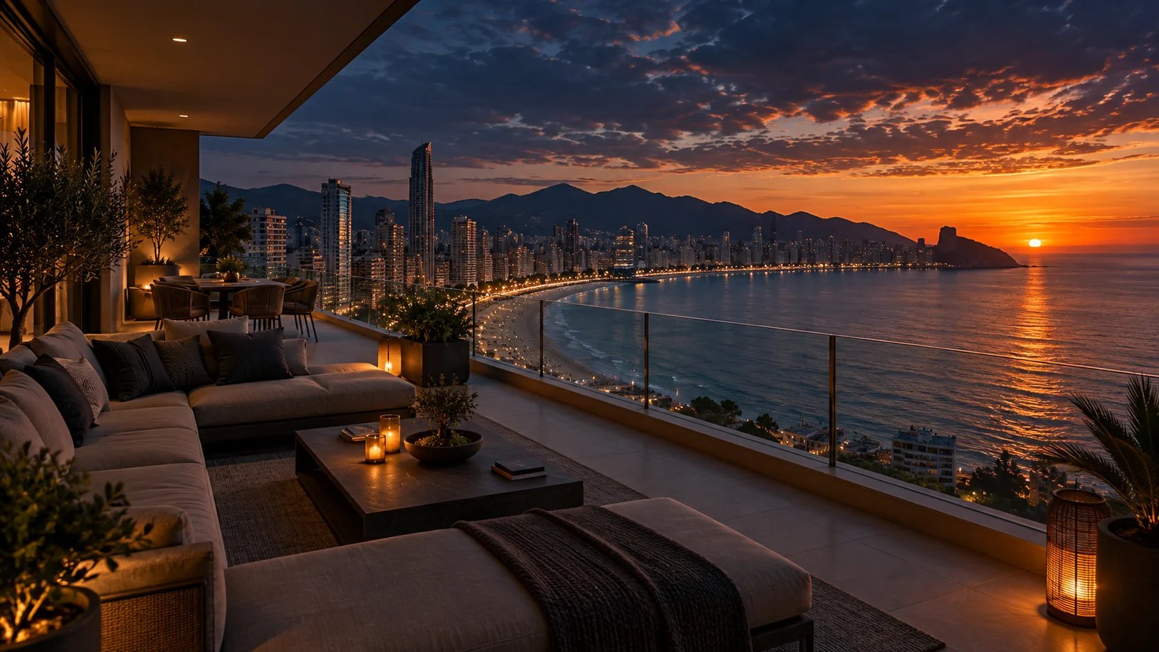 Private terrace overlooking Benidorm at sunset