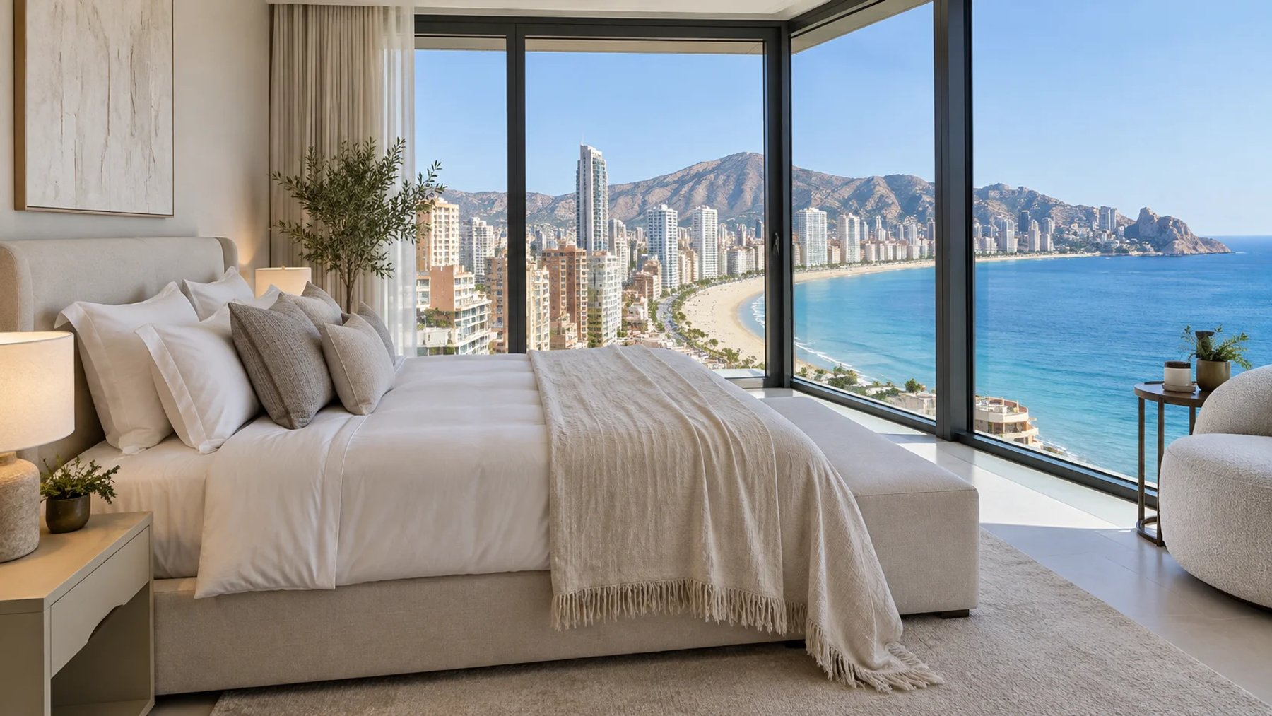 Main bedroom with sea and skyline views