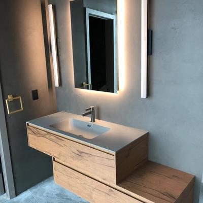 modern bathroom sink with floating and staggered cabinet