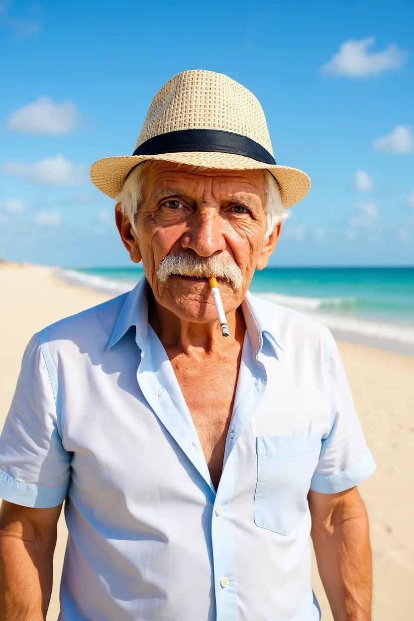Output image (simple prompt 'put him on a beach'): Camera angle and framing changed
