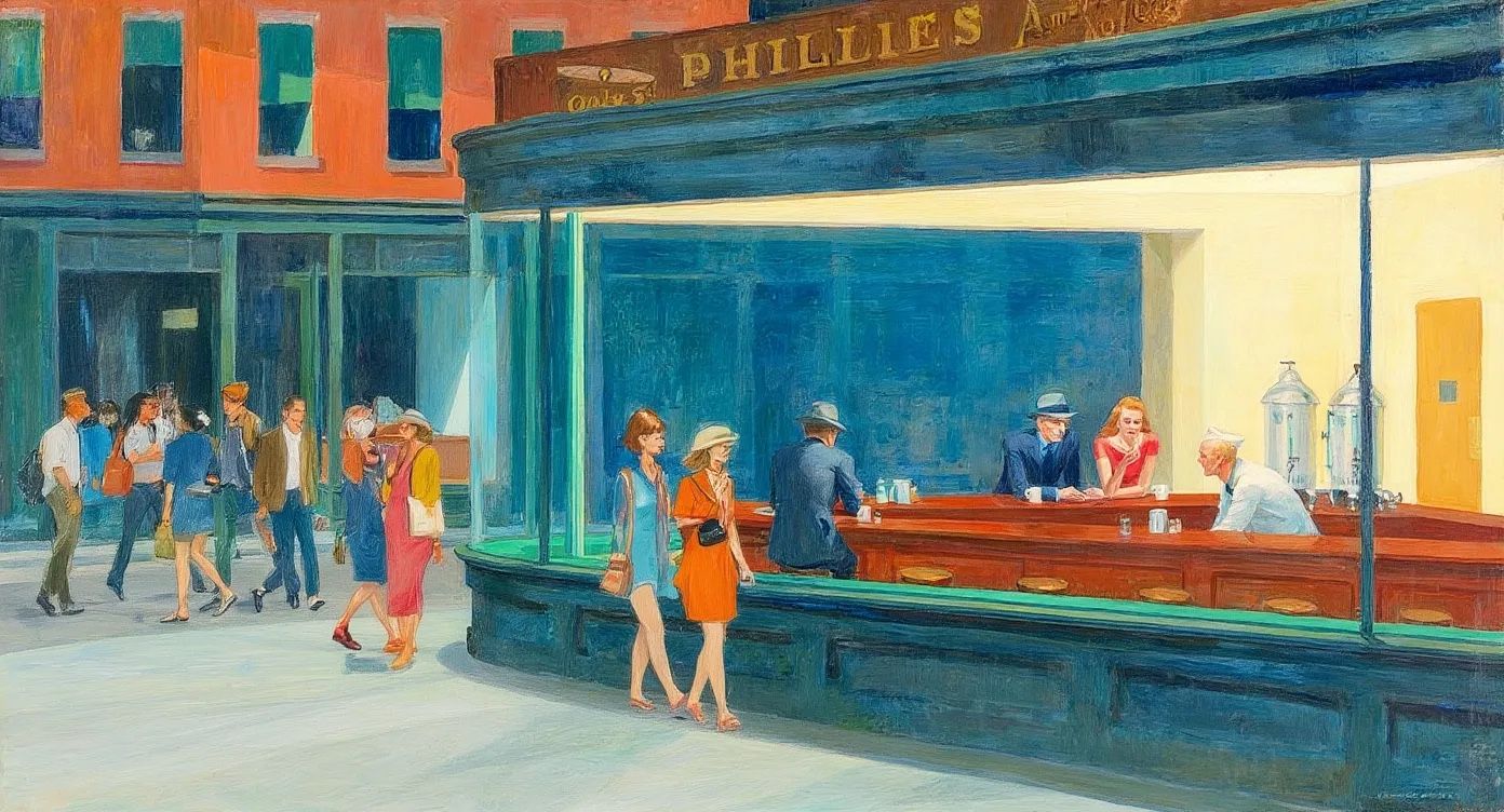 Output image: Street scene changed to daytime with people, original painting style maintained