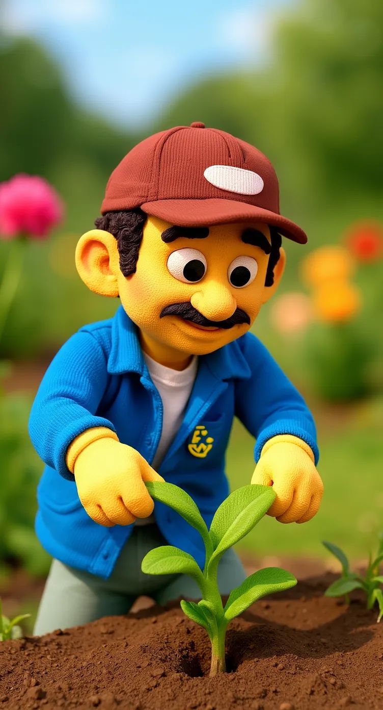 Output image: Claymation character picking up weeds in a garden