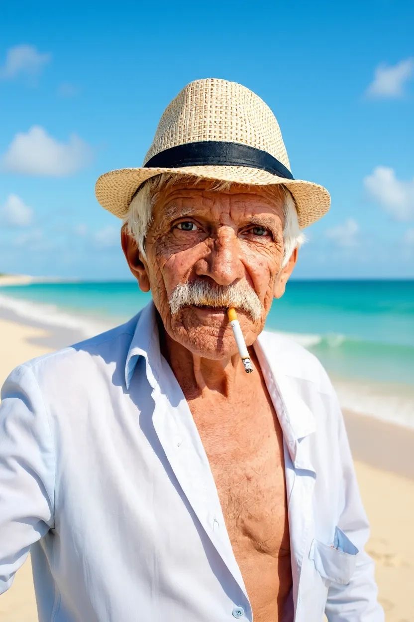 Output image (simple prompt 'on a sunny beach'): Subject position and scale shifted