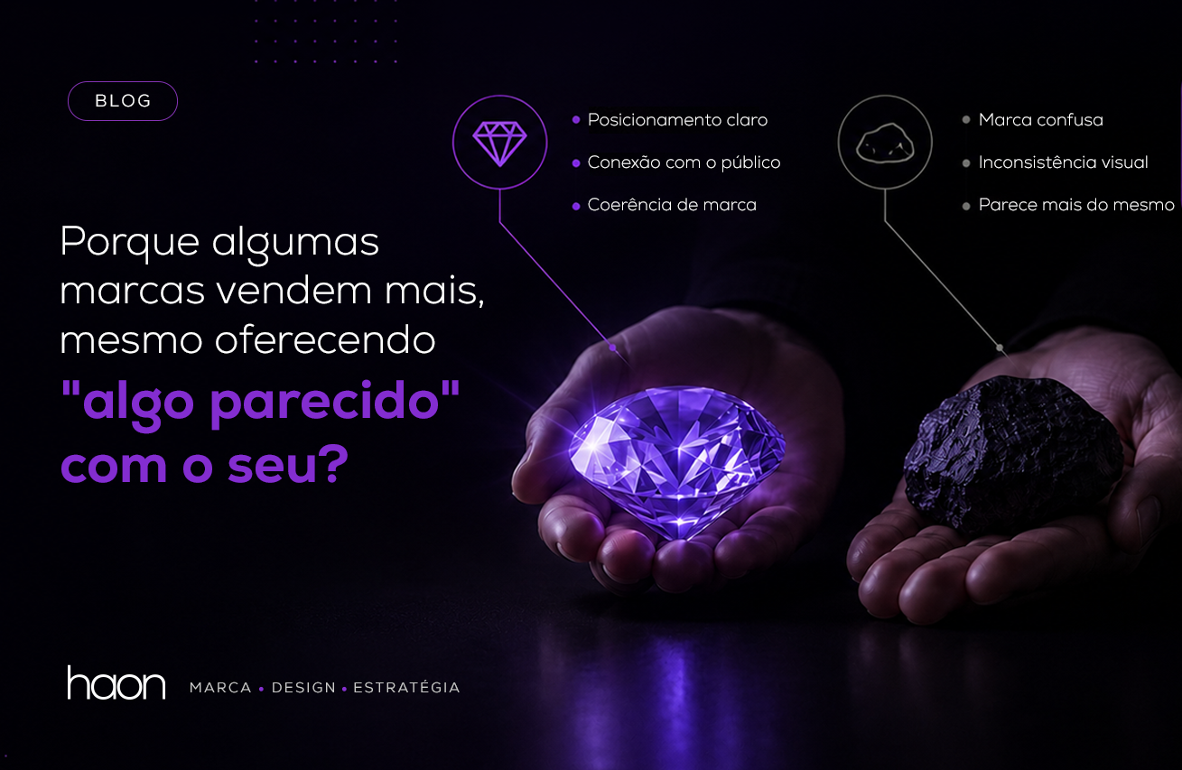Por que algumas marcas vendem mais, mesmo oferecendo “algo parecido” com o seu? - Imagem mostra uma mão segurnado um diamante e uma mão segurando uma pedra, comparando formas como marcas se apresentam