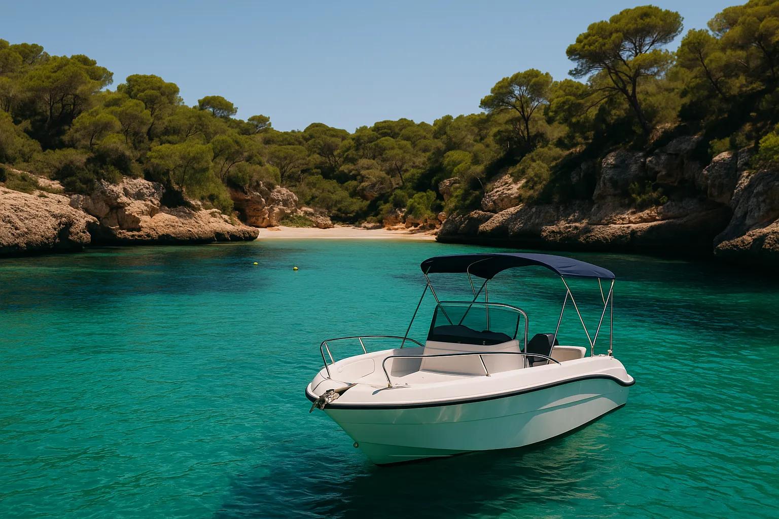 Barca fondeada en una cala turquesa de Mallorca rodeada de pinos y roca.