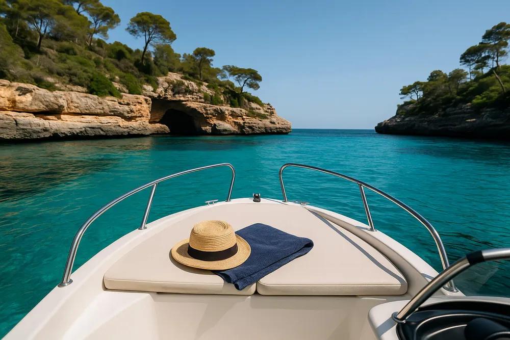 Proa de la barca con un sombrero de paja y una toalla frente a una cala de roca.