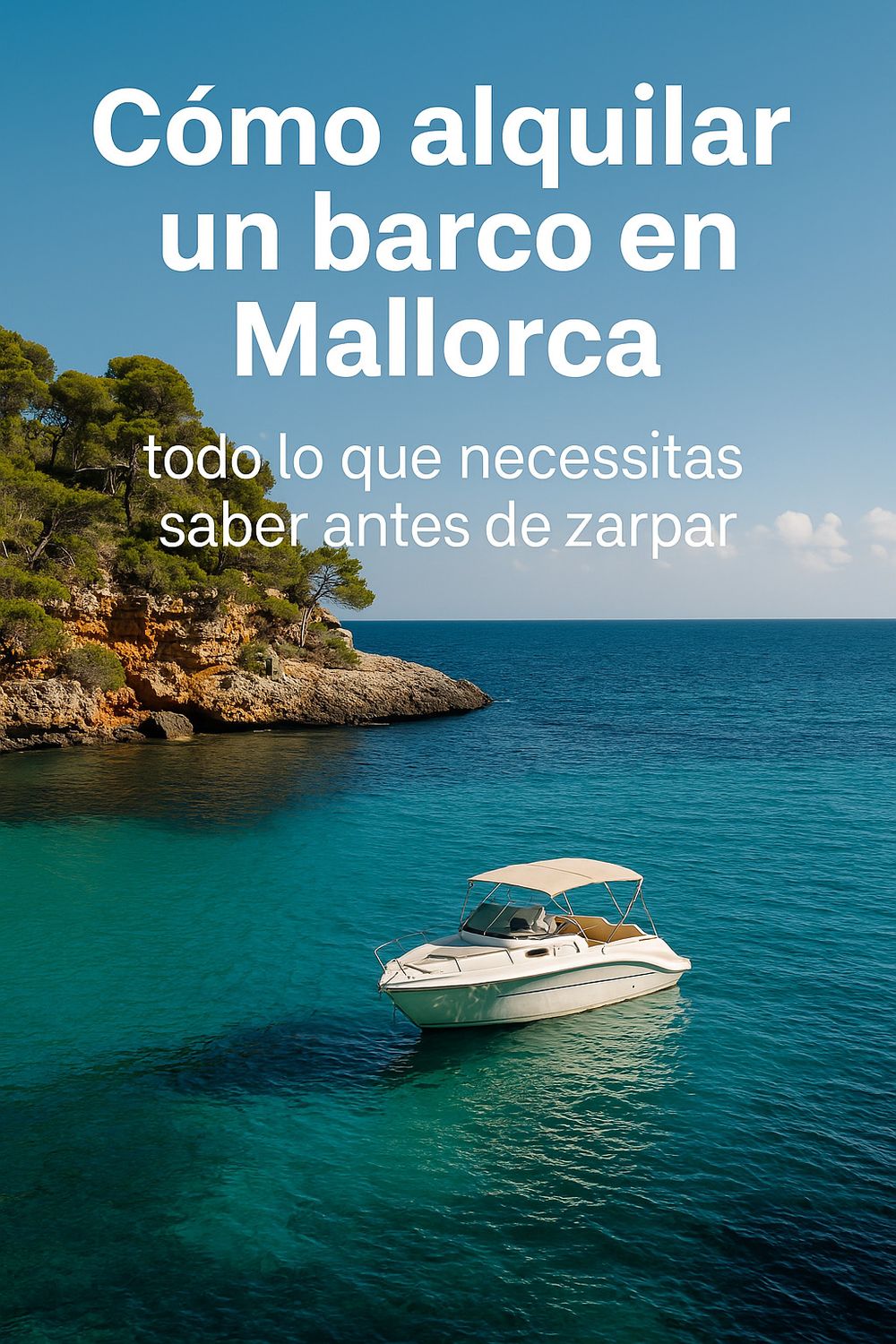 Barco privado fondeado en una cala de aguas turquesas de Mallorca con el patrón a bordo bajo un cielo despejado.