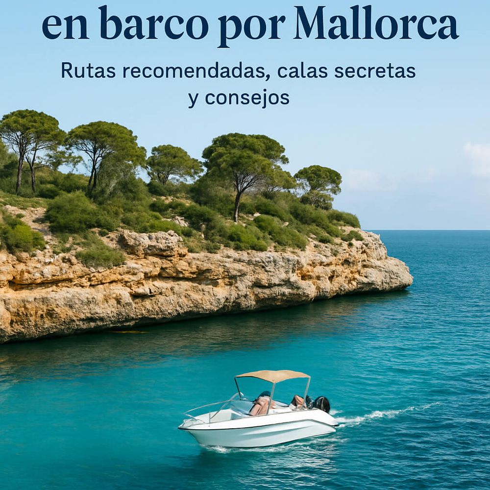 Barco fondeado en una cala de aguas turquesa en la costa suroeste de Mallorca, con acantilados y un día soleado.