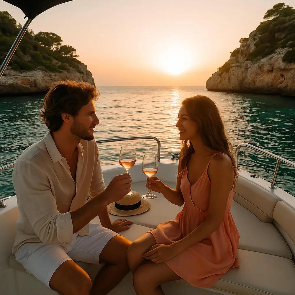 Pareja brindando con cava a bordo durante el atardecer en una cala de Mallorca.