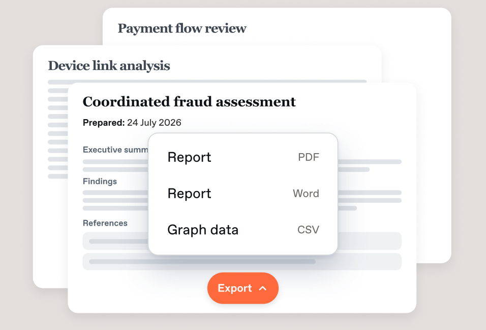 Product illustration: a “Coordinated fraud assessment” report with an Export menu offering a PDF report, a Word report and graph data as CSV.