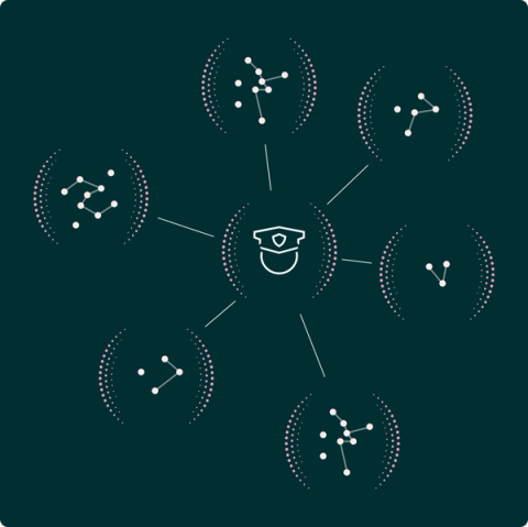 Diagram: an investigator icon at the centre, linked to six clusters of connected points.