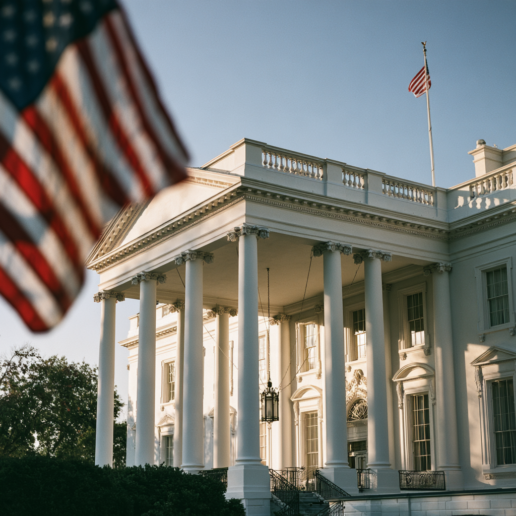 Illustrative view of the White House with an American flag in the foreground.