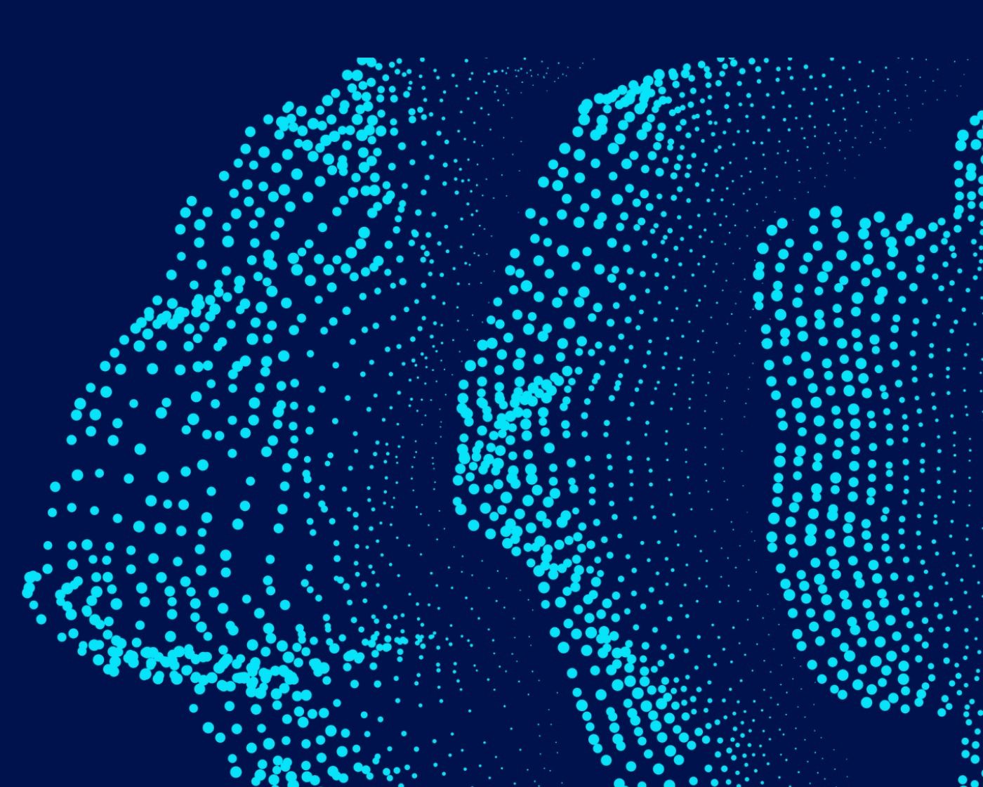 Cyan particle artwork of human faces on a navy background.
