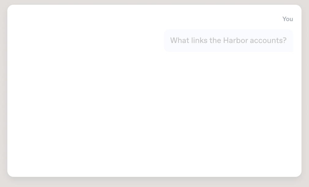 Product illustration: a chat panel with one question from the user, “What links the Harbor accounts?”, and no answer drawn.