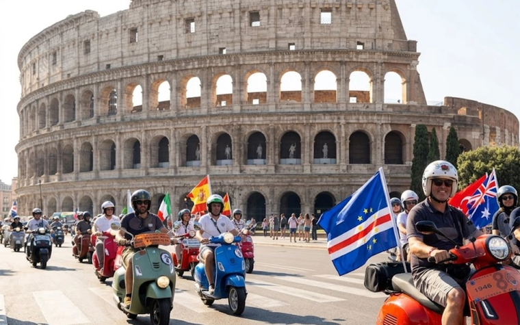 Vespa riders drive past the Colosseum