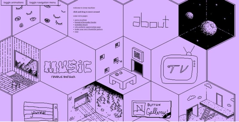 Screenshot af https://irony-machine.neocities.org/ -- en small-web side, vi synes er super fed!