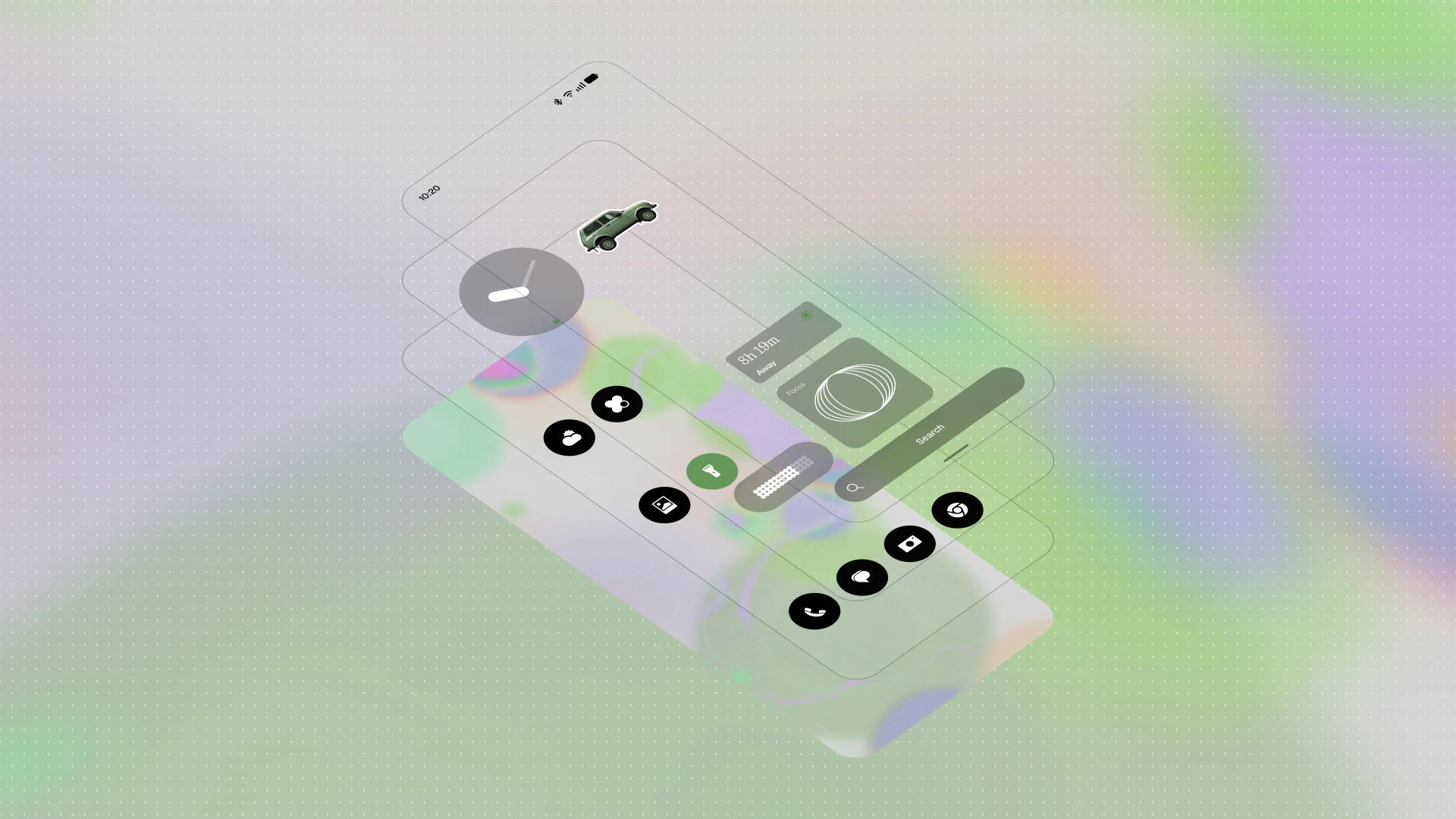 Illustration officielle de Nothing OS 5.0 montrant les couches de son écran d’accueil, les icônes et les widgets sur un fond pastel.
