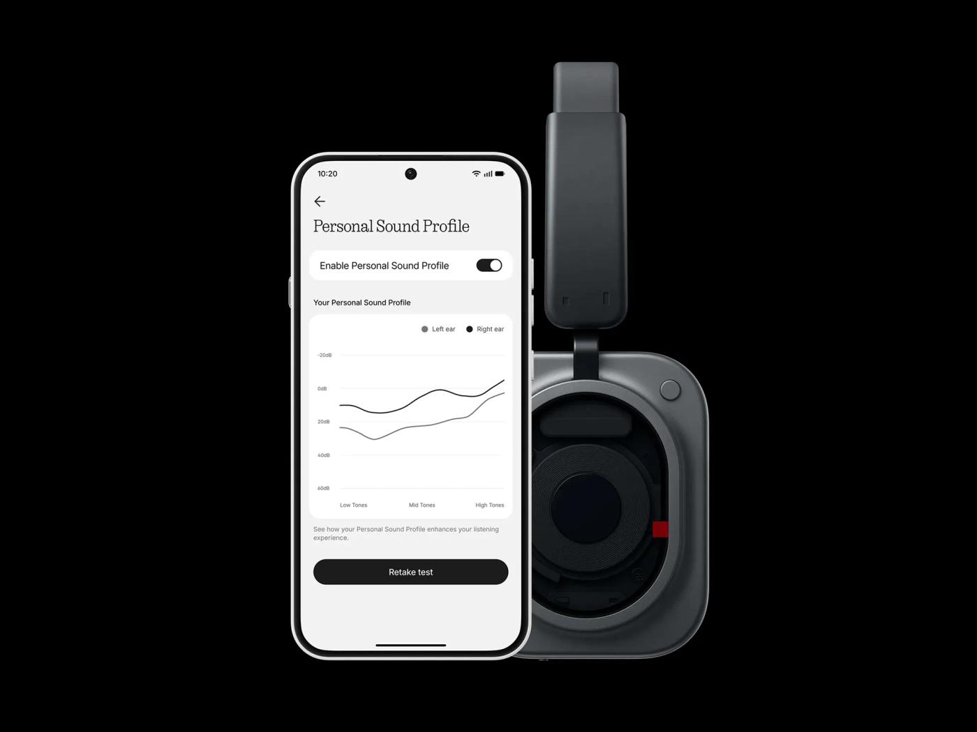 Nothing X app screen showing Personal Sound Profile next to the headphone