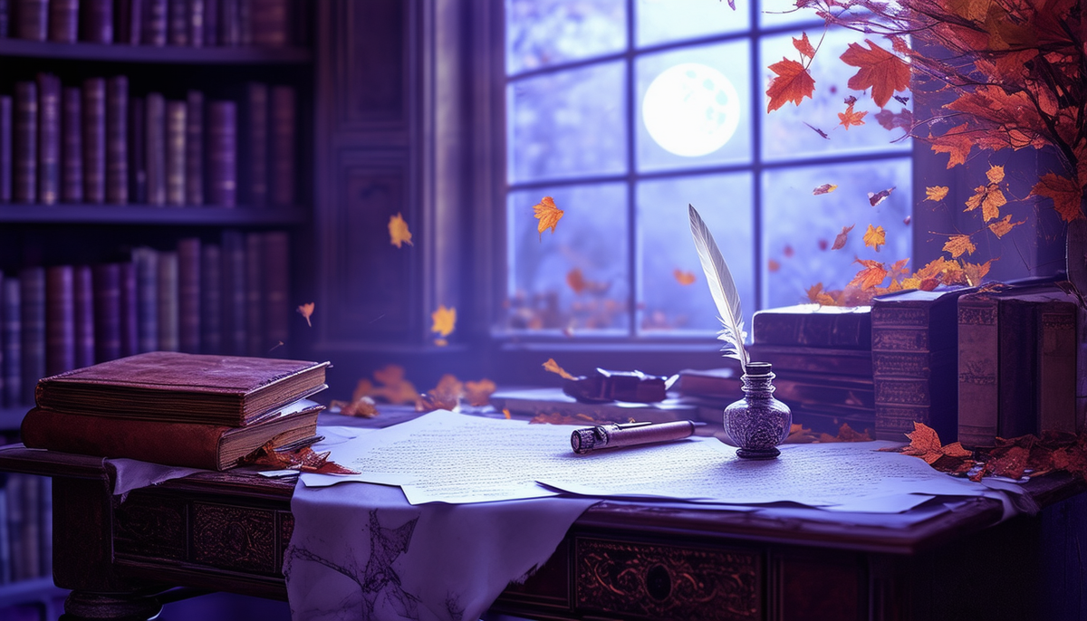 落ち葉、羽根ペン、机