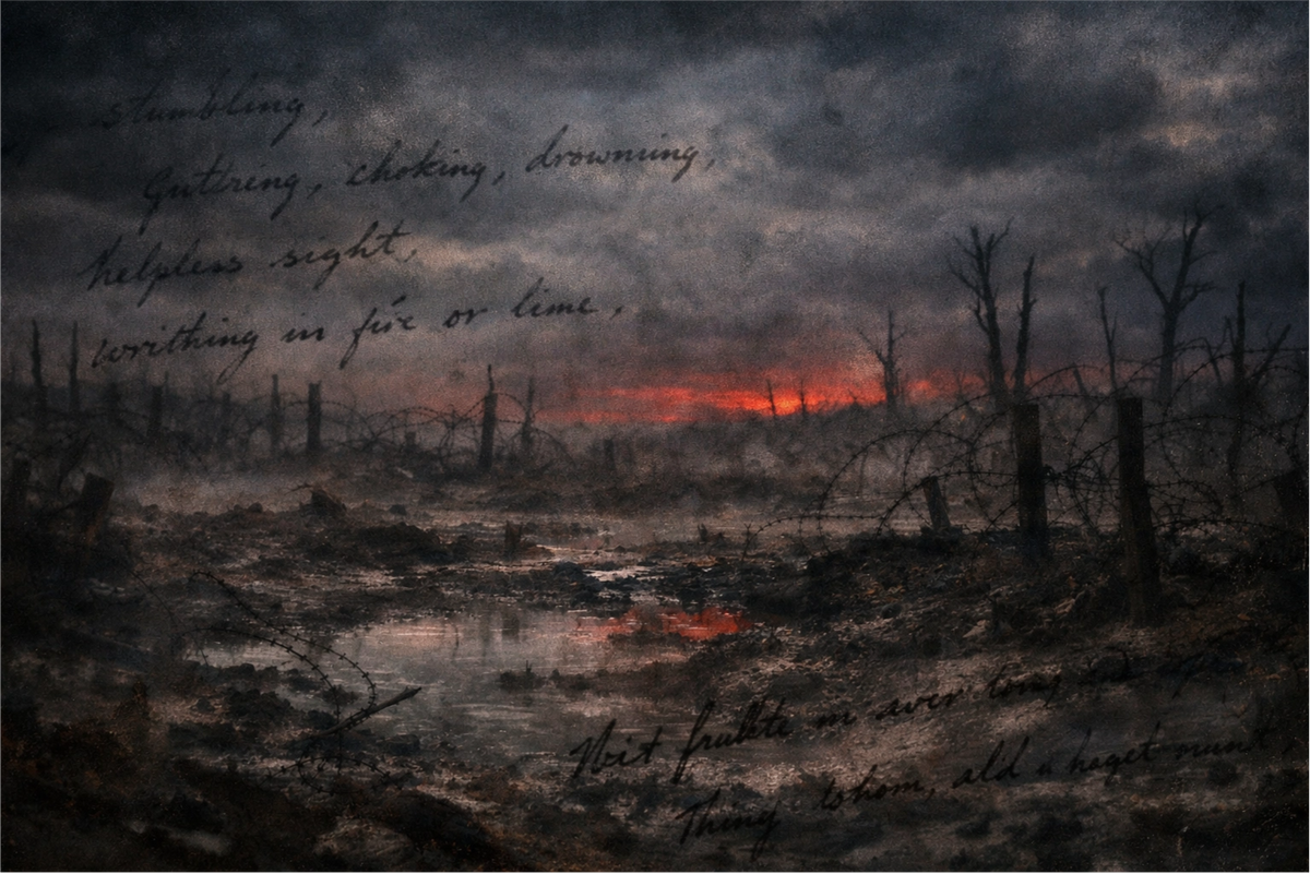 焦土と化した大地の絵に詩がオーバーレイされている。