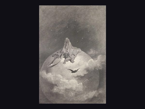 ギュスターヴ・ドレの版画。星空の下で雲に包まれた球体の上に大鎌を持つ死神が座り、その下を一羽の鴉が横切っている
