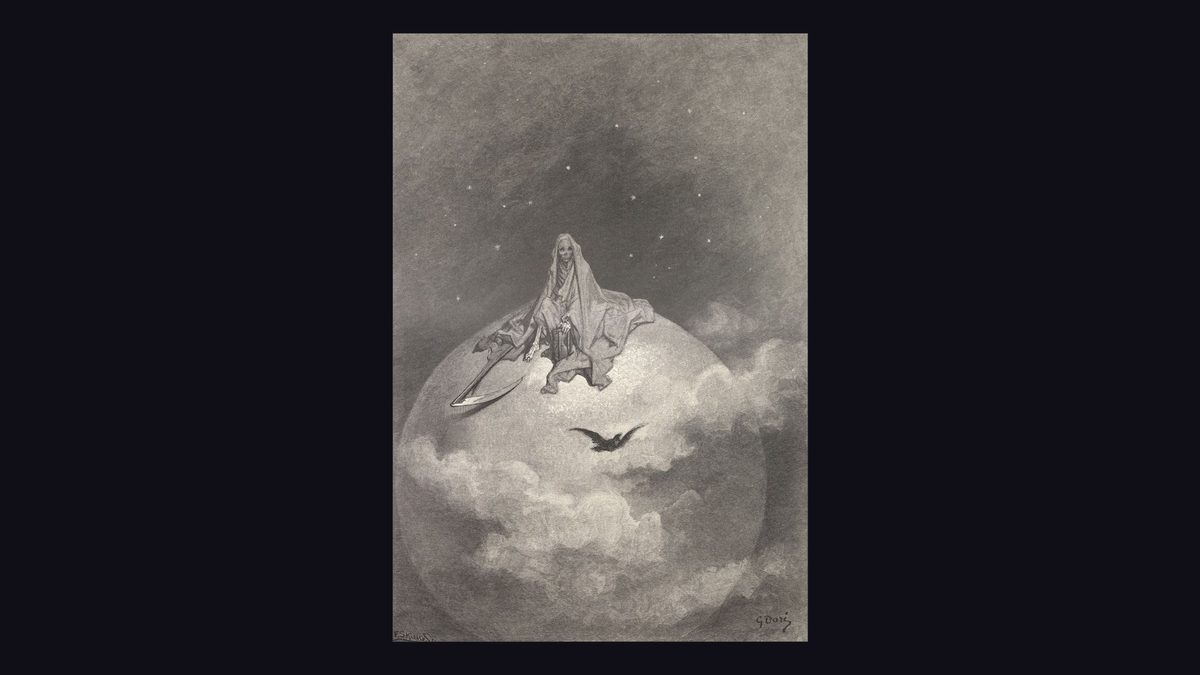 ギュスターヴ・ドレの版画。星空の下で雲に包まれた球体の上に大鎌を持つ死神が座り、その下を一羽の鴉が横切っている