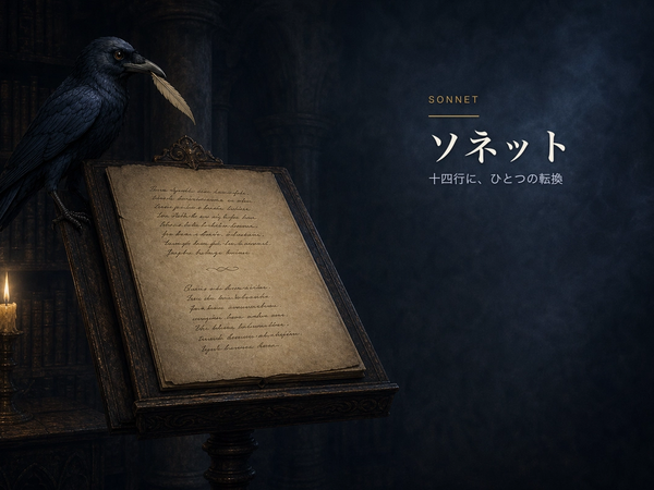 羽根ペンのカラスと譜面台の原稿。八行と六行の間に転換を持つソネットを示す