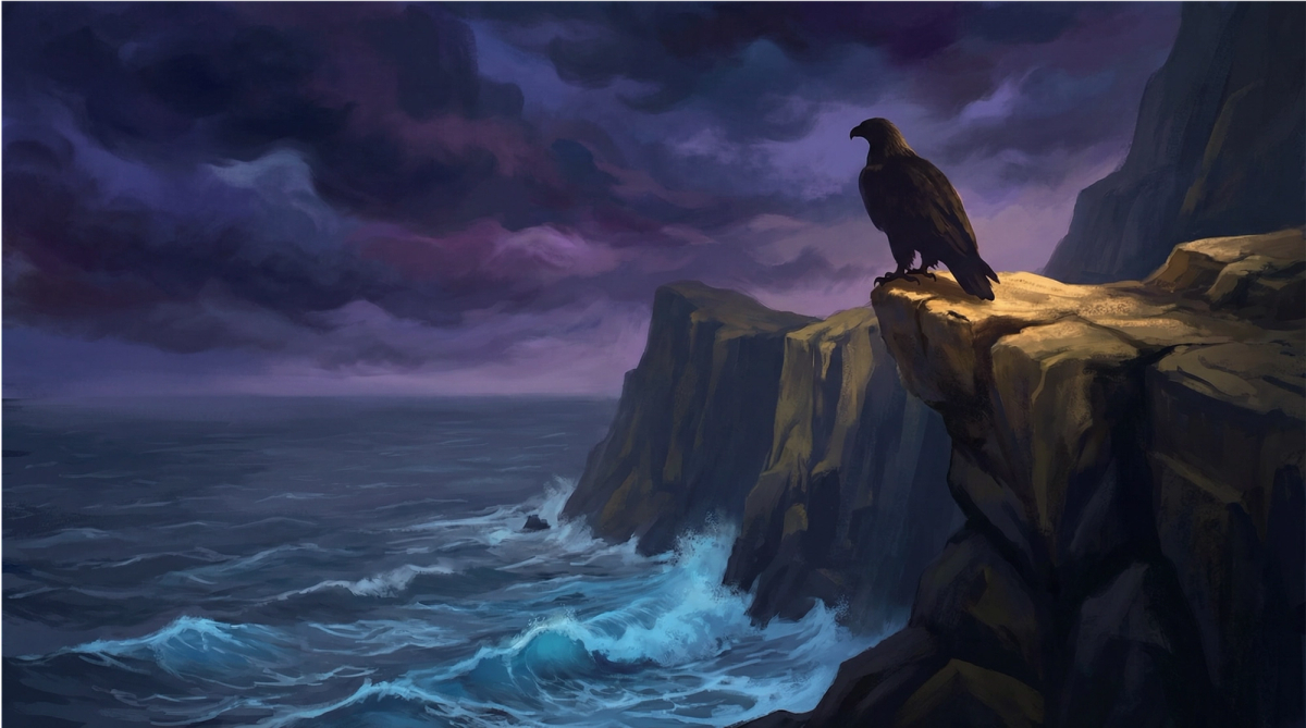 鷲が崖の上に座し、荒涼とした海原を見つめている画像