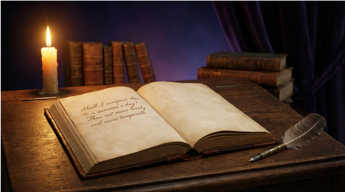 開かれた書物にシェイクスピアのソネットが書かれている。奥にはロウソク、手前には羽根ペン。