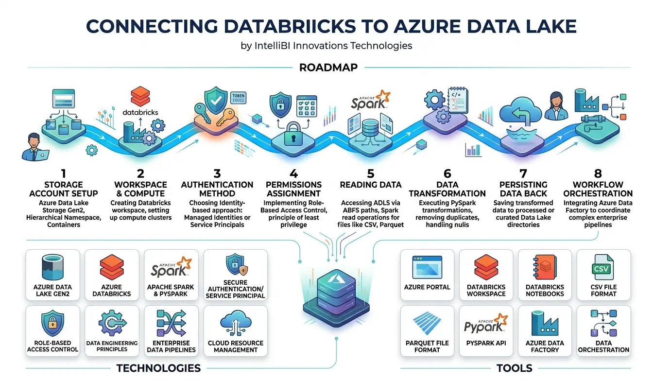 Databricks connected to Azure Data Lake showing cloud data storage, PySpark processing, ETL pipelines, and modern data engineering workflow.