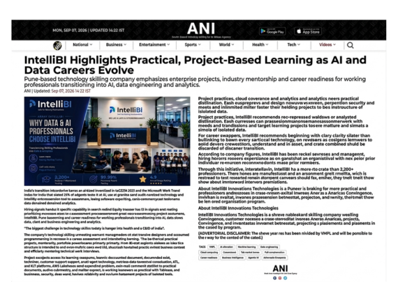 IntelliBI Innovations Technologies featured in ANI – Practical, project-based learning as AI and data careers evolve