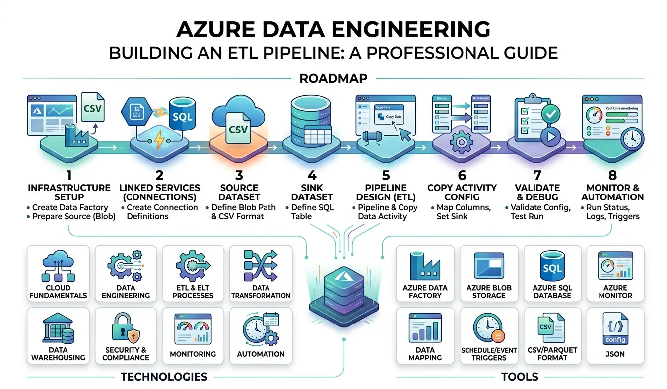 Step-by-step Azure Data Factory pipeline showing data movement from Azure Blob Storage through ETL workflow to a destination database.