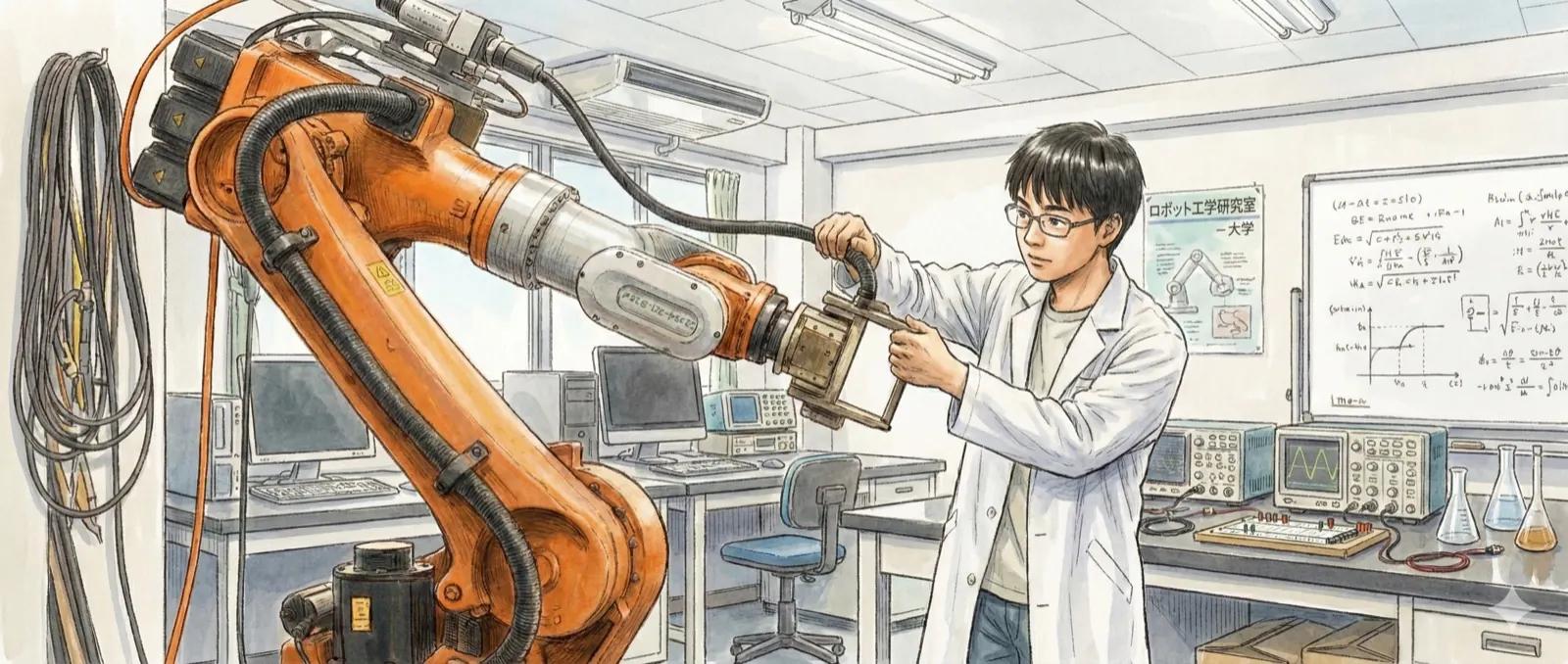 研究室で産業用ロボットアームの先端を両手でつかんで動かす人のイラスト