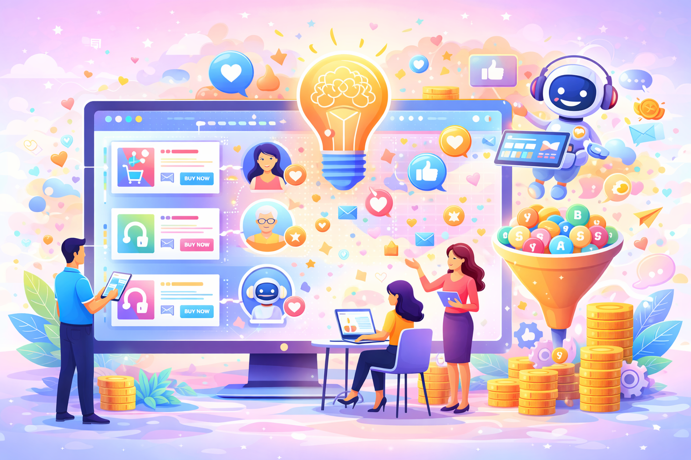 A colorful, vibrant illustration of marketers optimizing ads using AI and data, with icons of engagement, funnels, and a glowing lightbulb.