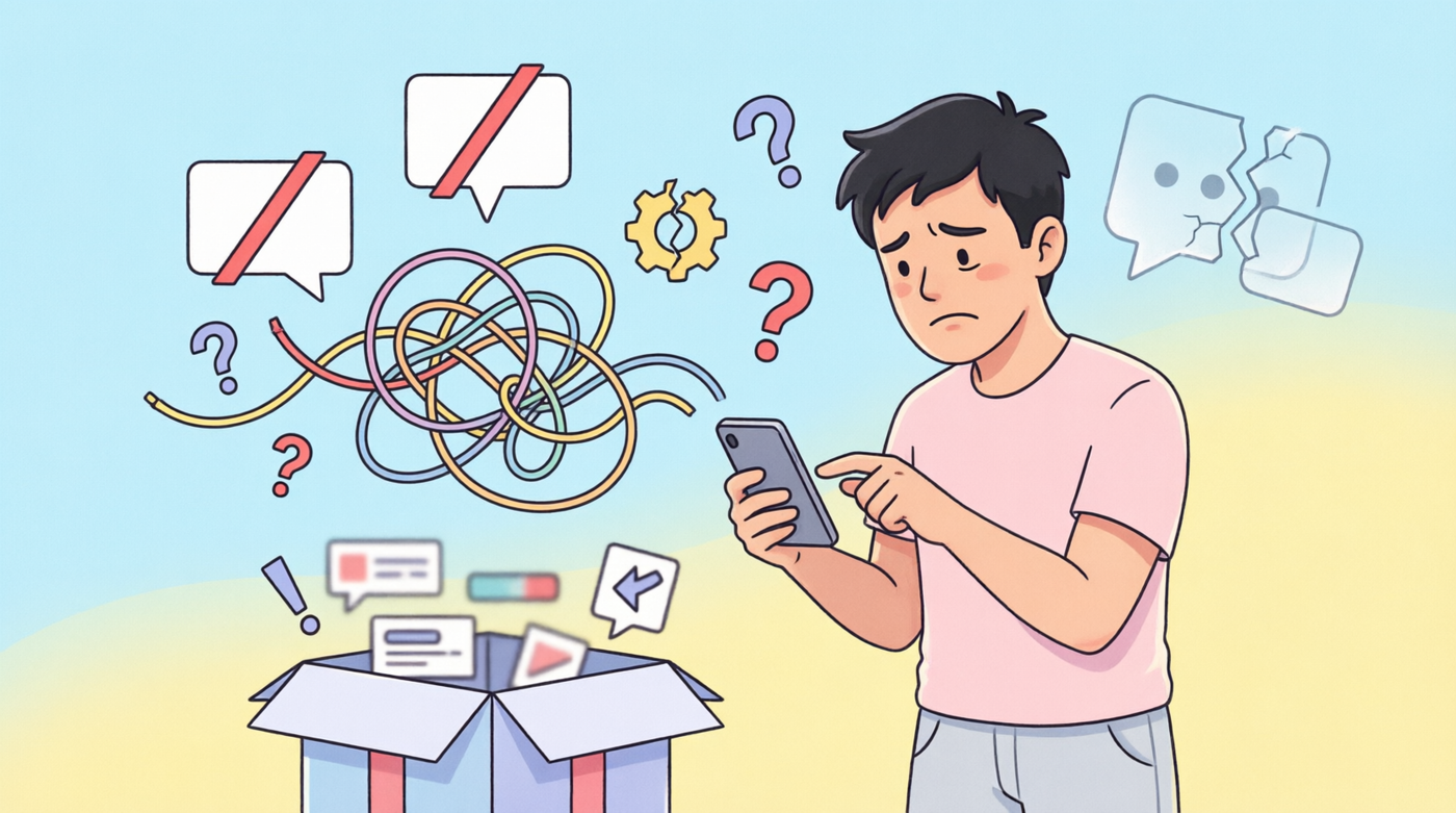 Upset user surrounded by tangled messages, broken chat bubbles and question marks showing poor communication