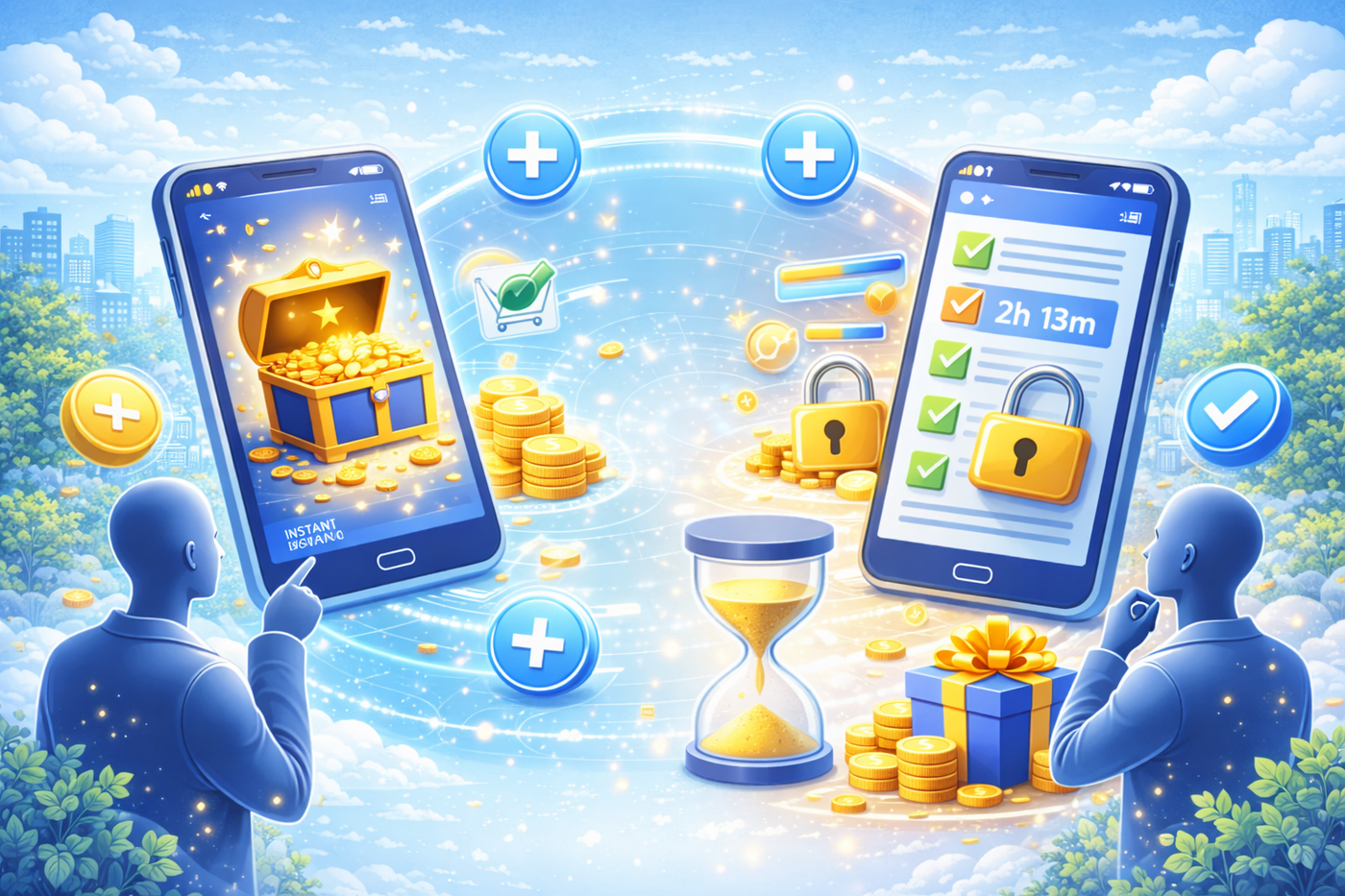 Two faceless users engaging with mobile screens displaying instant and delayed rewards, with an hourglass, coins, gift boxes, and floating icons, set against a bright sky-blue cityscape background.