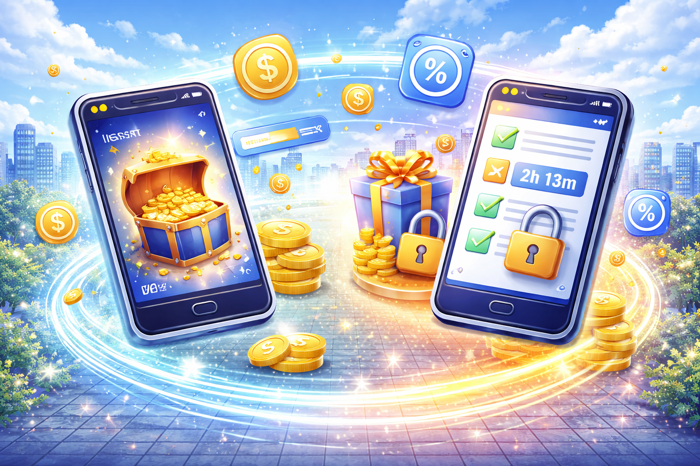 Smartphones displaying instant treasure chest and locked gift box rewards, surrounded by coins and reward icons on a polished sky-blue surface.