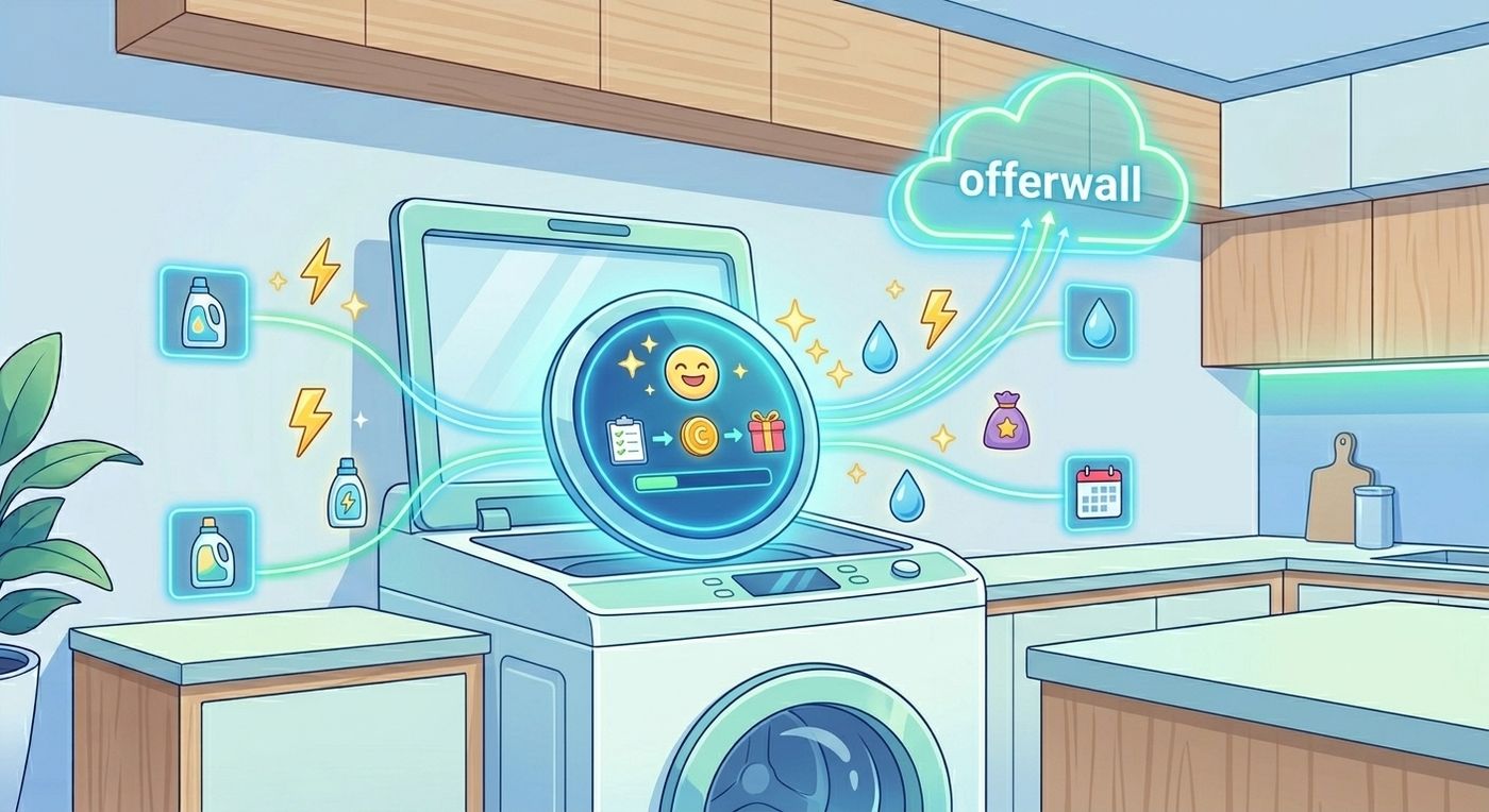 A vibrant digital illustration focusing on a connected smart washing machine. Its screen displays a game-like coin and progress bar, surrounded by icons of detergent and energy, showing monetization from micro-tasks.