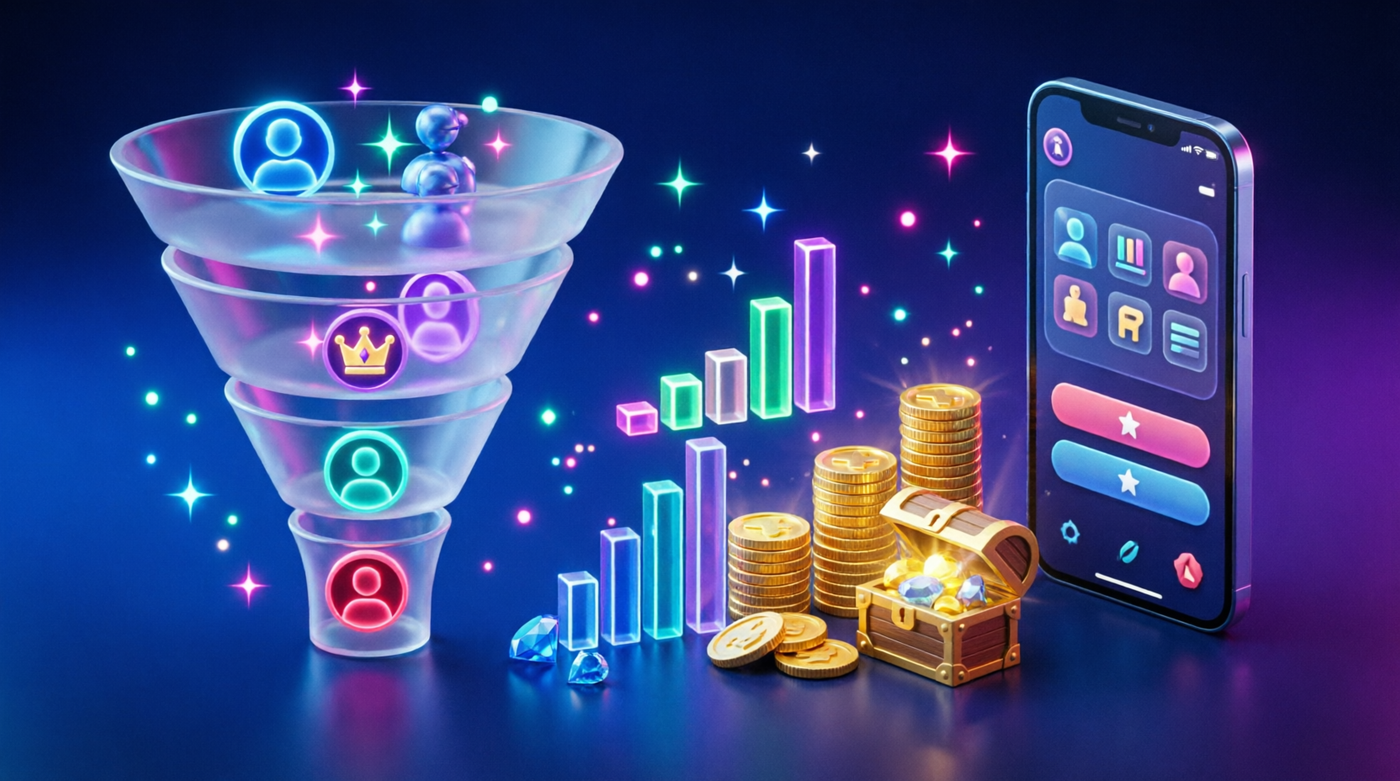 User segmentation funnel showing different player types (new, VIP, gamers) with personalized rewards, analytics, and mobile UI